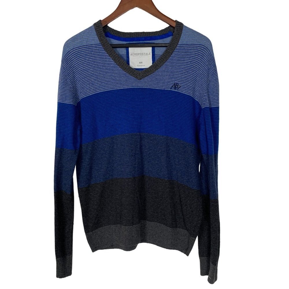 Aeropostale Wool Blend Blue Colorblock V-Neck‎ Sweater Size Medium